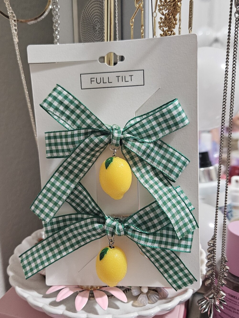 Green Gingham Bow Hair Clips with Yellow Lemon Charm